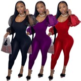 Winter Party Purple Puff Sleeve Sexy Bodycon Jumpsuit