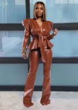 Winter Formal Brown Leather Top and Pants Matching 2 Piece Set