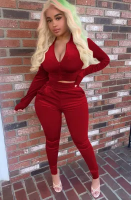 Winter Casual Red Velvet Crop Top and Pants 2 Piece Tracksuit