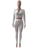 Autumn Party White Lace Sexy Tight Crop Top and Pants Set