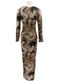 Autumn Print V-Neck Long Sheath Dress with Full Sleeves