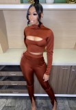 Winter Party Sexy Brown Keyhole Crop Top and Slit Pants Set