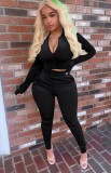 Winter Casual Black Velvet Crop Top and Pants 2 Piece Tracksuit