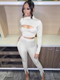 Winter Party Sexy White Keyhole Crop Top and Slit Pants Set