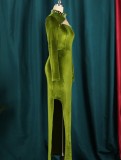 Winter Formal Velvet Green Cut Out Beaded Long Evening Dress