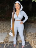 Autumn Sports Grey Hoody Crop Top and Pants 2PC Jogger Tracksuit