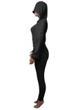 Autumn Sports Black Tight Hoody Crop Top and Pants Set
