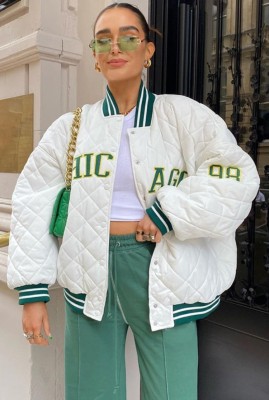 Winter Letter Print White Long Baseball Jacket