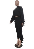 Winter Casual Black Tassels Sweater Crop Top and Pants 2PC Knit Set