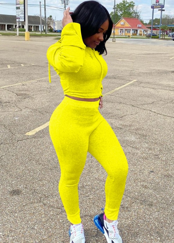 Autumn Sports Yellow Tight Hoody Crop Top and Pants Set