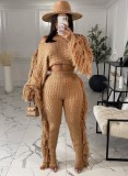 Winter Casual Khaki Tassels Sweater Crop Top and Pants 2PC Knit Set
