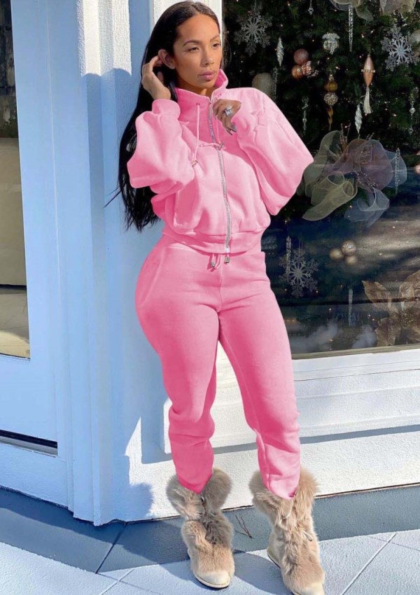 Winter Sports Pink Turtleneck Zipper Tracksuit with Pockets