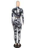 Autumn Party Black Tie Dye Print Sexy Crop Top and Ruched Pants Set