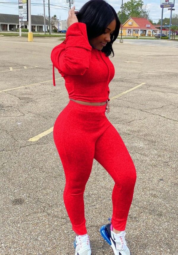 Autumn Sports Red Tight Hoody Crop Top and Pants Set