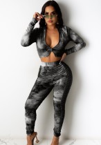Autumn Party Black Tie Dye Print Sexy Crop Top and Ruched Pants Set