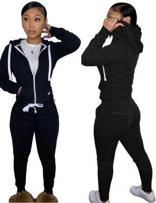 Winter Sports Black Fleece Hoodies 2PC Tracksuit with Pockets
