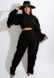 Winter Casual Black Tassels Sweater Crop Top and Pants 2PC Knit Set