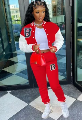 Autumn Sports Print Red Baseball Jacket and Sweatpants 2PC Tracksuit