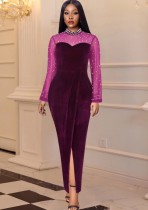 Winter Formal Velvet Purple Mesh Patch Beaded Long Evening Dress