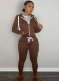 Winter Sports Brown Fleece Hoodies 2PC Tracksuit with Pockets