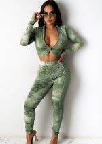 Autumn Party Green Tie Dye Print Sexy Crop Top and Ruched Pants Set
