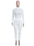 Winter Casual White Turtleneck Basic Top and Fleece Pants Set