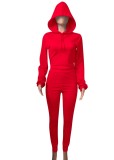 Autumn Sports Red Tight Hoody Crop Top and Pants Set