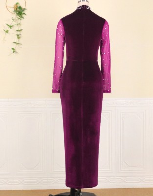 Winter Formal Velvet Purple Mesh Patch Beaded Long Evening Dress