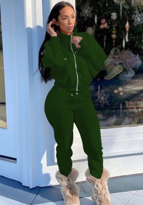 Winter Sports Green Turtleneck Zipper Tracksuit with Pockets