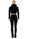 Autumn Sports Black Hoody Crop Top and Pants 2PC Jogger Tracksuit