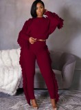 Winter Casual Burgunry Tassels Sweater Crop Top and Pants 2PC Knit Set