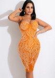 Summer Party Sexy Orange Crystal Strap Long Bodycon Dress