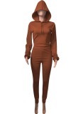 Autumn Sports Brown Tight Hoody Crop Top and Pants Set