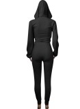 Autumn Sports Black Tight Hoody Crop Top and Pants Set