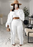 Winter Casual White Tassels Sweater Crop Top and Pants 2PC Knit Set
