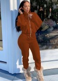 Winter Sports Brown Turtleneck Zipper Tracksuit with Pockets
