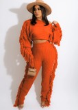 Winter Casual Orange Tassels Sweater Crop Top and Pants 2PC Knit Set