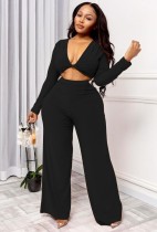 Autumn Black Sexy Long Sleeve Crop Top and Pants 2PC Club Set
