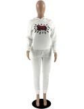Winter Sports Print White Jogging Hooded Top and Pants 2 Piece Sweatsuit