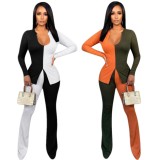 Winter Contrast Color Rib Slim Top and Pants 2 Piece Set