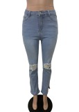 Autumn Distressed Blue Slit Bottom Ripped Jeans Trousers