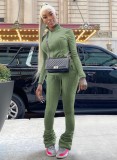 Winter Cotton Blend Green Crop Top and Pants 2 Piece Tracksuit