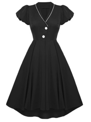 Autumn Formal Black V-Neck Short Sleeve Vintage Prom Dress