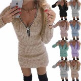 Winter Casual Pink Knit Zipper Long Sleeve Mini Dress