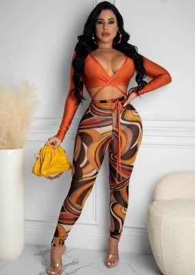 Autumn Orange Sexy Long Sleeve Crop Top and Print Legging Set