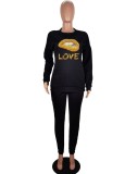 Autumn Print Black Crew Neck Long Sleeve 2 Piece Sweatsuit