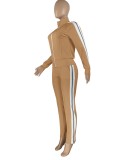 Autumn Sports Brown Stripes Zipper Top and Pants 2PC Tracksuit