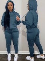 Winter Casual Blue Kangaroo Pocket Long Sleeve Hoodies And Pant Set