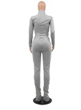 Winter Cotton Blend Grey Crop Top and Pants 2 Piece Tracksuit