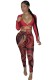Autumn Red Sexy Long Sleeve Crop Top and Print Legging Set
